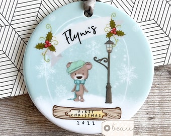 Personalised Baby Babies Baby’s First Christmas Boy Girl Newborn Bear Snowglobe Design Acrylic or Ceramic Round Ornament Keepsake