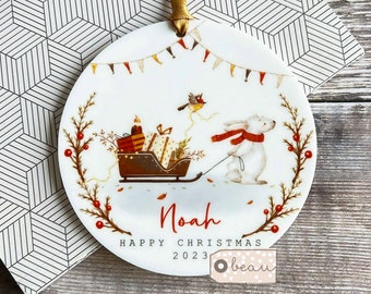 Personalised Happy Christmas Sleigh Woodland scene Rabbit Acrylic or ceramic Round Ornament Keepsake Tree Decoration Child boy girl gift