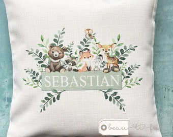 Personalised Woodland animal cushion gift Child bedroom decor gift Home Quote Boho Linen Style Cushion cover
