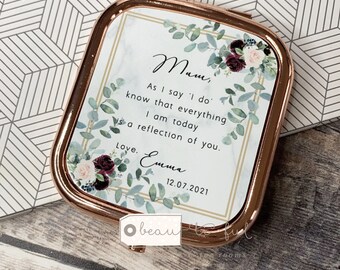 Personalised Mother of Bride Groom As I say I do Thank you Quote Burgundy Floral Geometric Rose Gold Compact Pocket Mirror Wedding Keepsake
