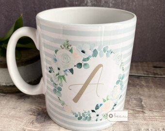 Personalised Name and initial Rose Floral Greenery Wreath Ceramic Mug - Tea mug - coffee Mug - Gift mug
