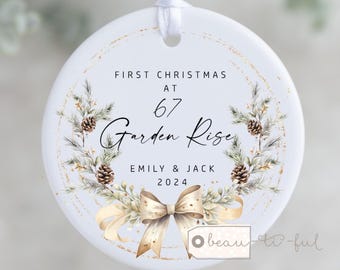 Personalised First Christmas at Address in New Home Gift Pinecone Bow Foliage Wreath Design Ceramic or Acrylic Round Ornament Keepsake