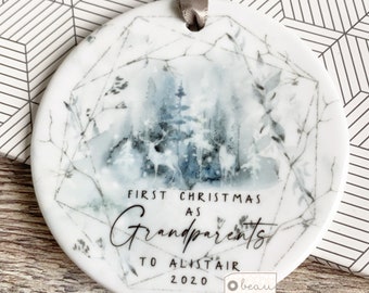 Personalised First Christmas as Grandparents Gran Grandma Nanna New Baby Christmas Deer scene Ceramic or Acrylic Ornament Keepsake Bauble