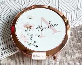 Personalised Name and initial Birthday gift Peach Greenery Butterfly Round Rose Gold Compact Pocket Mirror Bridesmaid Gift