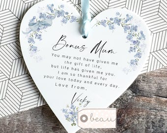 Personalised Bonus Mum Mom Stepmum stepmom Like a mum Thank you Quote Greenery Acrylic Heart Ornament Wedding Keepsake
