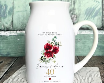 Personalised Ruby Anniversary Ceramic Small Vase Mug Jug gift 1st 25 50 40 50 60 Silver Golden Diamond Wedding Anniversary gift Floral