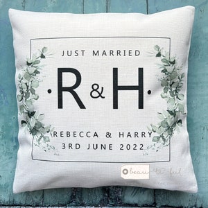 Personalised Names Married Mr Mrs Home Quote Eucalyptus Foliage Design Home Quote Linen Style Cushion cover