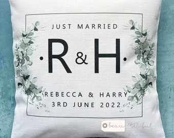 Personalised Names Married Mr Mrs Home Quote Eucalyptus Foliage Design Home Quote Linen Style Cushion cover
