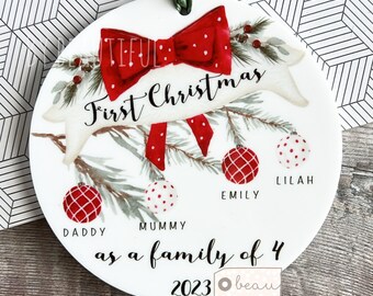 Personalised 1st First Christmas as family of 3 4 5 Bauble Mummy Daddy Mammy Mommy Baby Greenery Acrylic Or ceramic Ornament Keepsake