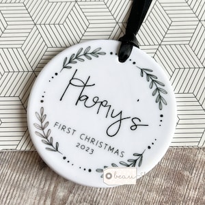 Personalised 1st First Christmas Gift New Baby Boy Girl Newborn Black white wreath Design Ceramic or Acrylic Round Ornament Keepsake
