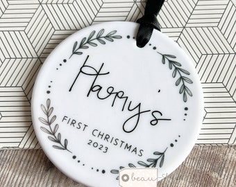 Personalised 1st First Christmas Gift New Baby Boy Girl Newborn Black white wreath Design Ceramic or Acrylic Round Ornament Keepsake