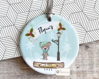 Personalised Baby Babies Baby’s First Christmas Boy Girl Newborn Bear Snowglobe Design Acrylic or Ceramic Round Ornament Keepsake