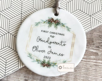Personalised First Christmas as Grandparents gift Gran Grandma Nanna New Baby Pinecone Greenery Ceramic or acrylic Round Ornament Keepsake