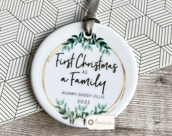 Personalised First Christmas as a family Mummy Daddy Mammy Mommy New Baby Botanical Greenery Ceramic or Acrylic Round Ornament Keepsake