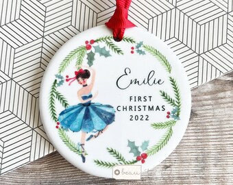 Personalised Baby Babies Baby’s First Christmas Boy Girl Newborn Nutcracker Ballerina Design Ceramic or Acrylic Round Ornament Keepsake