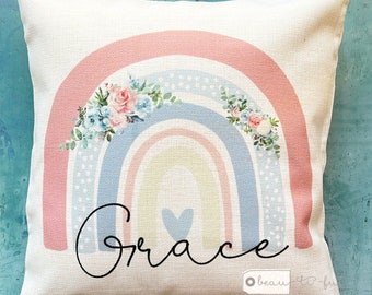 Personalised Rainbow gift Name Pastel Floral Rainbow Design Home Quote Boho Linen Style Cushion cover