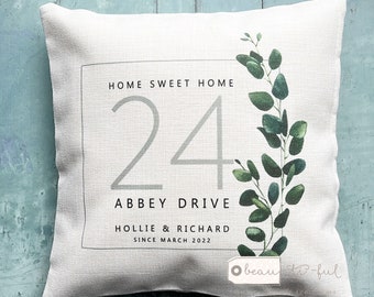 Personalised Home Gift Home Sweet Home Address Quote Foliage Greenery Design New Home Quote Linen Style Cushion cover