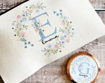 Personalised Friend gift Birthday gift Floral Design Linen style Fabric Make up Bag Birthday gift for her mum sister friend
