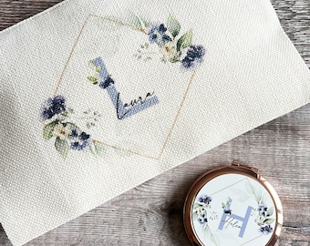Personalised Name and initial Blue Floral Eucalyptus Design Linen style Fabric Make up Bag Birthday gift for her mum sister friend