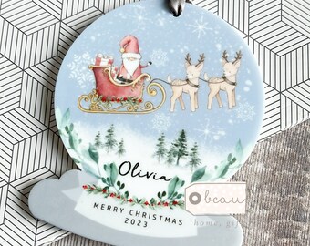 Personalised Merry Christmas Gift snow scene Santa Sleigh Reindeer Design Acrylic Snowglobe Ornament Keepsake Boy gift child gift