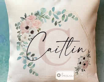 Personalised Name Peach Floral Design Home Quote Linen Style Cushion cover