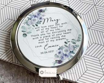 Personalised Mother of Bride Groom I will love your son daughter Thank you Quote Lilac floral  Gold Compact Pocket Mirror Wedding Gift