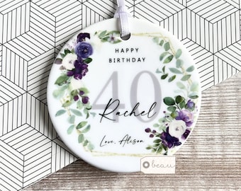 Personalised Happy Birthday gift Milestone Any age 18 21 30 40 50 Floral Ceramic or Acrylic Gift for her Round Decoration Ornament Keepsake