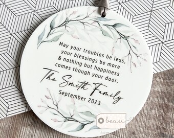 Personalised Home sweet Home Housewarming New Home gift Wreath Greenery Design Ceramic or Acrylic Round Decoration Ornament Wedding Keepsake