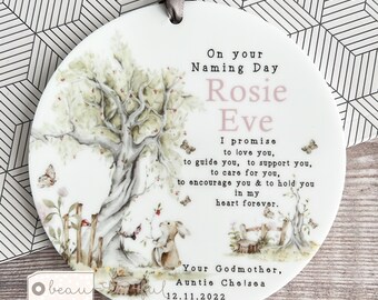 Personalised Promise to Godchild Christening Baptism Gift Baby Godson Boy Girl Woodland Greenery Ceramic or acrylic Round Ornament Keepsake