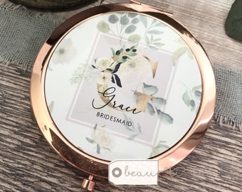 Personalised Name Peach floral Round Rose Gold Compact Pocket Mirror Keepsake Bridesmaid gift friend gift gift for her