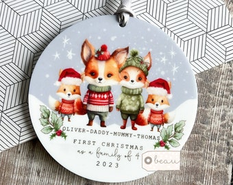 Personalised 1st First Christmas as family of 3 4 5 Woodland Fox Mummy Daddy Mammy Mommy Jumpers Acrylic Or ceramic Ornament Keepsake