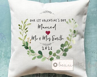 Personalised First Valentine’s Day Married Engaged Together Mr Mrs Valentines gift couple Heart Home Quote Linen Style Cushion