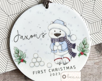 Personalised 1st First Christmas Gift Tree decoration polar bear Santa hat Acrylic or ceramic Round Ornament Keepsake Tree Decoration gift