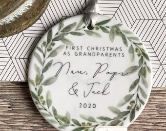 Personalised First Christmas Gift as Grandparents Gran Grandma Nanna New Baby Botanical Greenery Ceramic or Acrylic Round Ornament Keepsake