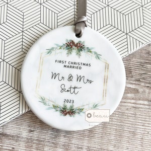 Personalised First Christmas Married gift wedding gift Mr Mrs Newlywed Pinecone Greenery Design Ceramic or acrylic Round Ornament Keepsake