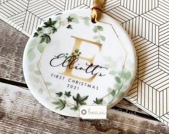 Personalised 1st First Christmas Gift Baby Boy Girl Ivy Greenery leaf Design Ceramic or Acrylic Round Ornament Keepsake