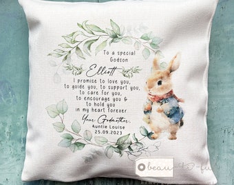 Personalised Christening Baptism Gift Promise to Godchild Godson Goddaughter Woodland rabbit Linen Style Cushion Godparent Godmother