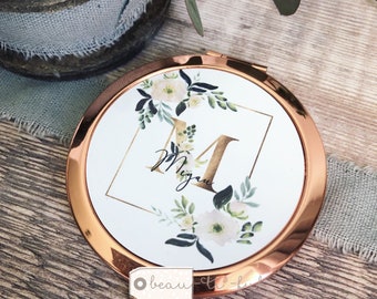 Personalised Name Peach floral Round Rose Gold Compact Pocket Mirror Keepsake Bridesmaid gift friend gift gift for her