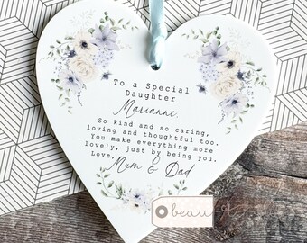 Personalised Daughter Mum Mom Auntie Grandma Special Relative Friend Thank you wildflower Greenery Acrylic heart Ornament Keepsake Quote