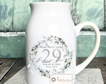 Personalised New Home Sweet Home Address New Home gift Housewarming Botanical Greenery Design Home Quote Mug Jug Small Vase New home gift