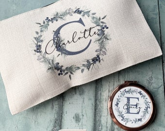 Personalised Name and initial Blue winter white floral Design Linen style Fabric Make up Bag Birthday gift for her mum sister friend