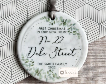 Personalised First Christmas at Address New Home gift  Eucalyptus Botanical Greenery Design Ceramic or Acrylic Round Ornament Keepsake