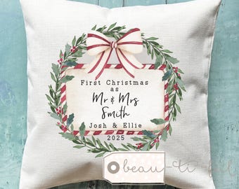 Personalised First Christmas Married Gift Newlyweds Bride and Groom New home house gift Greenery Wreath Home Quote Linen Style Cushion