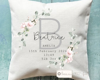 Personalised Floral cushion New baby gift Nursery Cushion New arrival gift Newborn Birth gift Personalised girl gift Linen Style Cushion