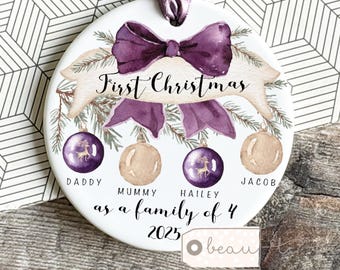 Personalised 1st First Christmas as family of 3 4 5 Bauble Mummy Daddy Mammy Mommy Baby Greenery Acrylic Or ceramic Ornament Keepsake Purple