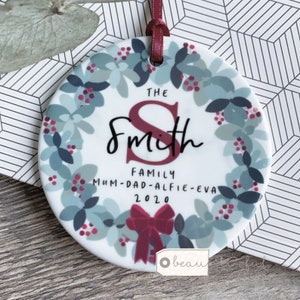 Personalised Christmas Family gift tree decoration Foliage Wreath Greenery Design Ceramic or Acrylic Round Ornament Keepsake