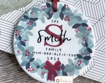 Personalised Christmas Family gift tree decoration Foliage Wreath Greenery Design Ceramic or Acrylic Round Ornament Keepsake