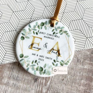 Personalised First Christmas Married Wedding gift Mr Mrs Newlywed wreath Greenery Design Ceramic or Acrylic Round Ornament Keepsake