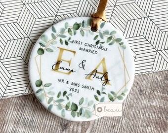 Personalised First Christmas Married Wedding gift Mr Mrs Newlywed wreath Greenery Design Ceramic or Acrylic Round Ornament Keepsake