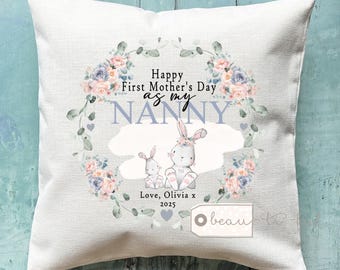 Personalised First Mother’s Day gift Mummy Nanny Grandma Momma Mommy Mammy Nanna Auntie Bunny Floral Linen Style Cushion Mothers Day gift